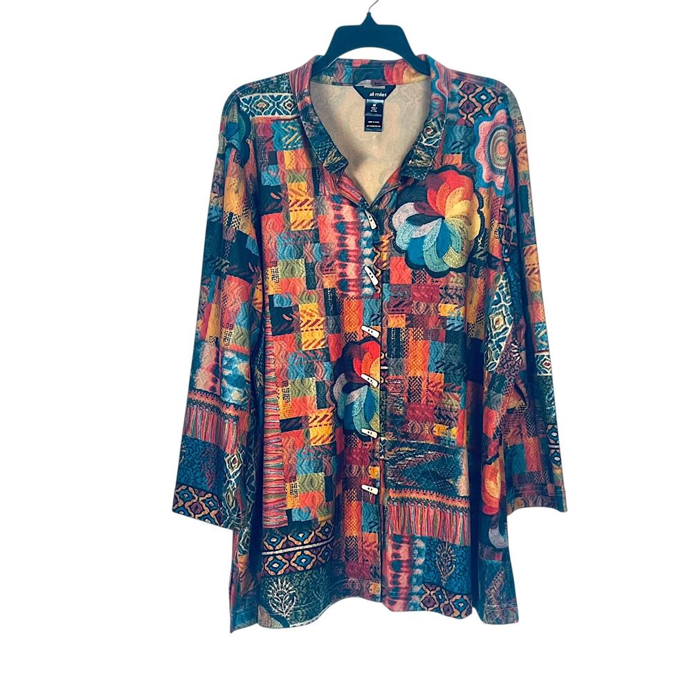 Ali Miles Women's Plus Size 2X Multicolor Abstract Button-Up Tunic Top Shirt